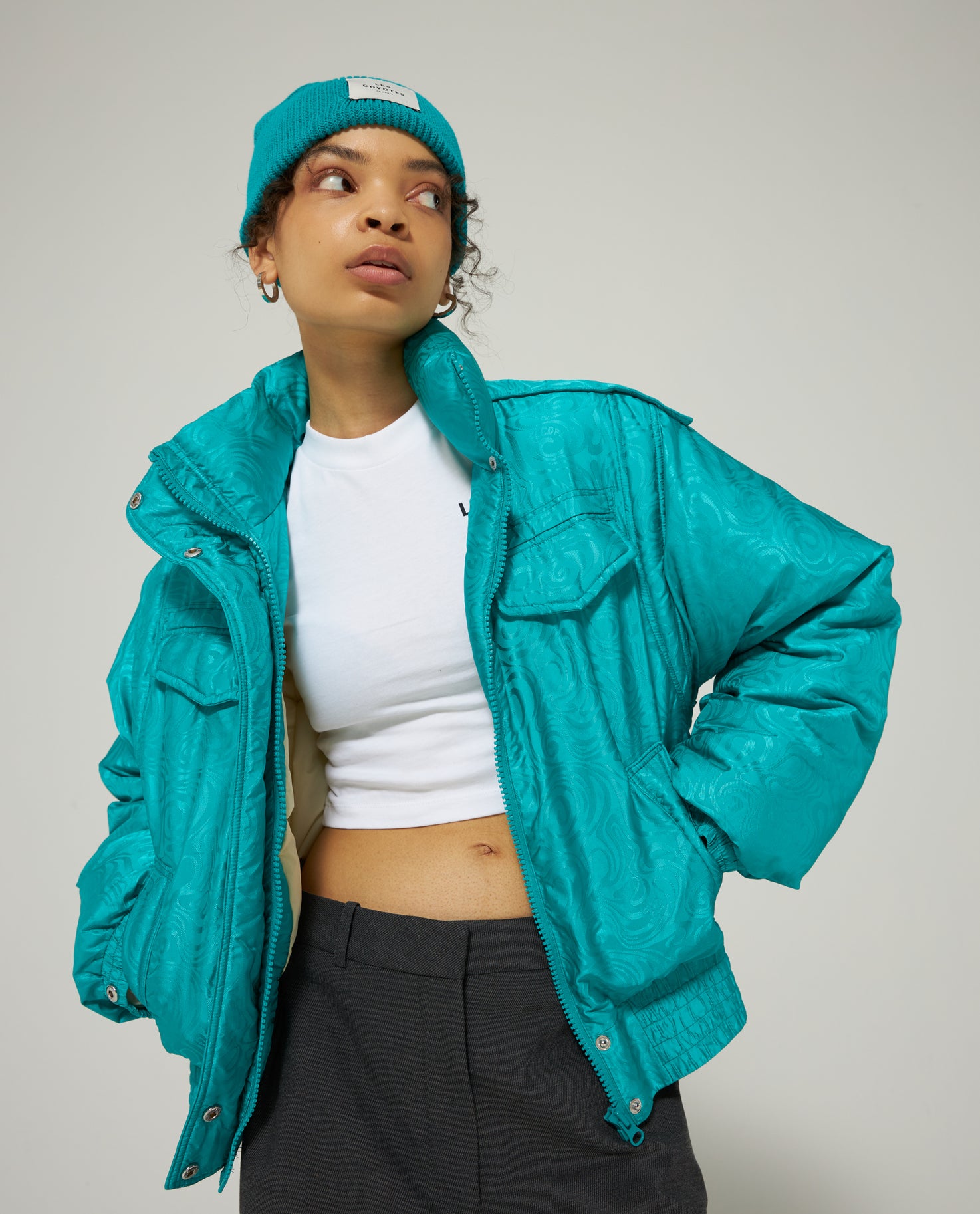 SHORT HOODED JACQUARD PUFFER