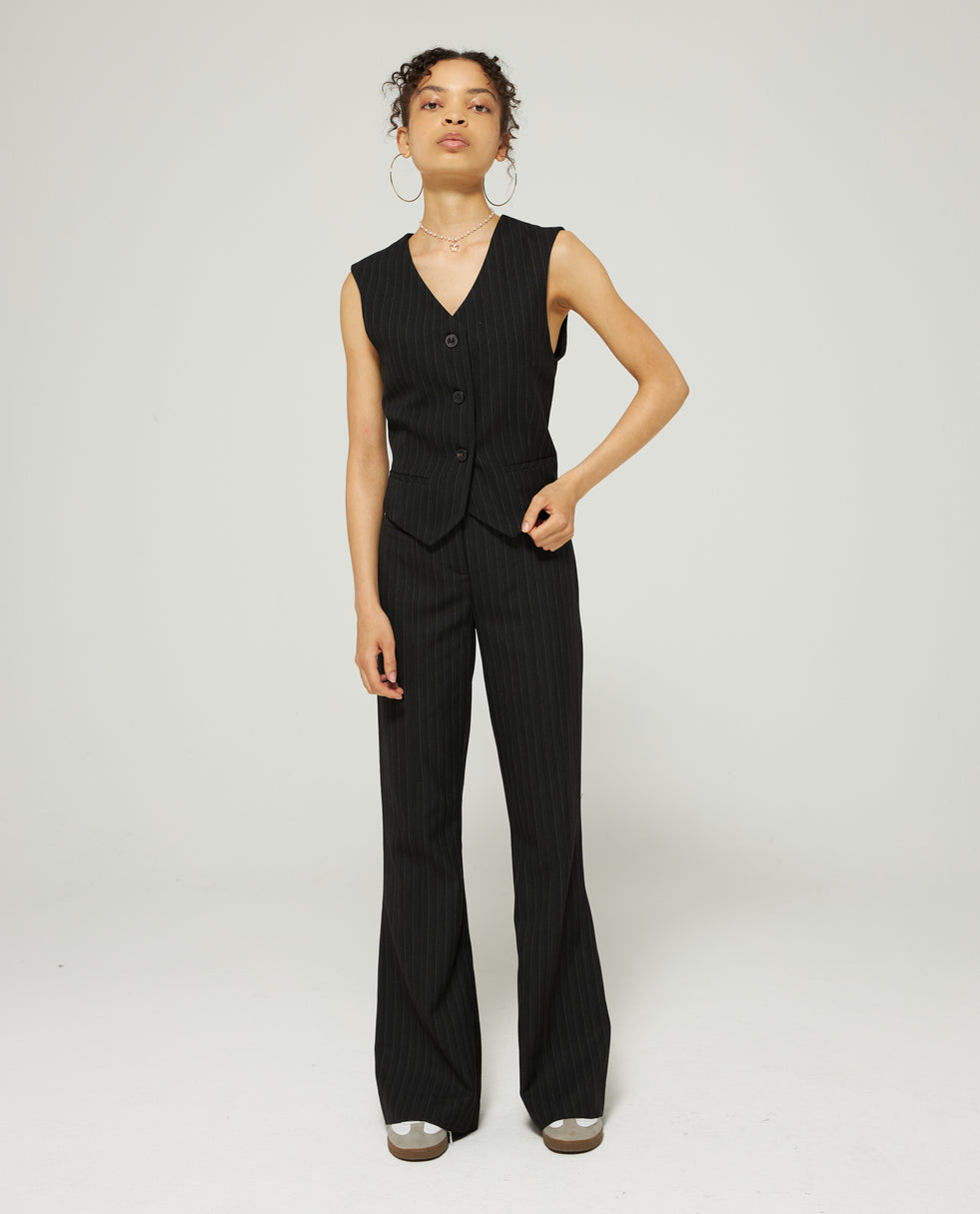 LOW-WAIST PINSTRIPE FLARE TROUSERS